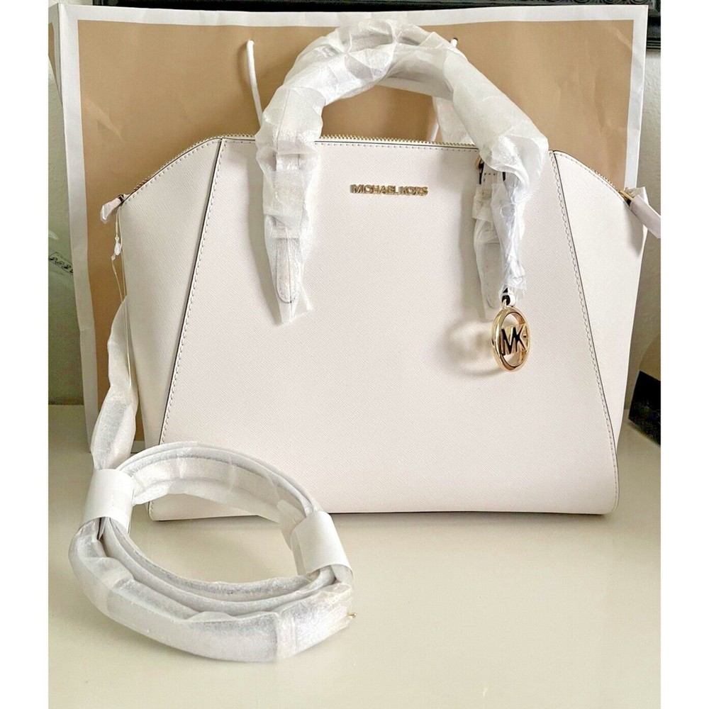 Michael Kors Ciara Large Optic White Leather Top Zip Satchel Handbag Crossbody